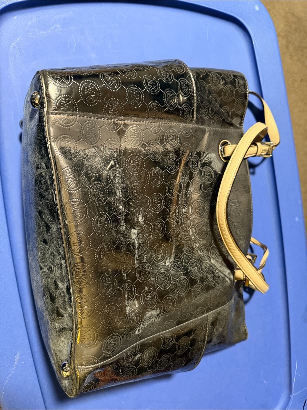 Michael Kors Black Patent Logo Shoulder Bag with Tan Handles